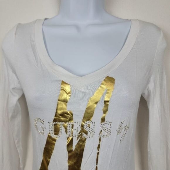 Guess by Marciano white gold vneck long sleeves shirt top size Medium - Picture 2 of 6